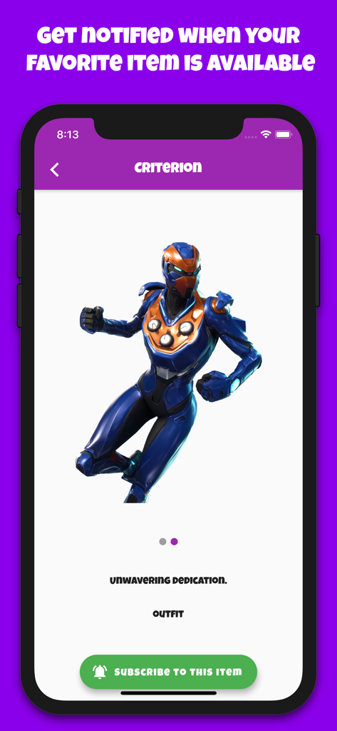 Shop Of The Day for Fortnite - Interface of Shop Of The Day for Fortnite app displaying a specific skin with a subscription button for availability alerts