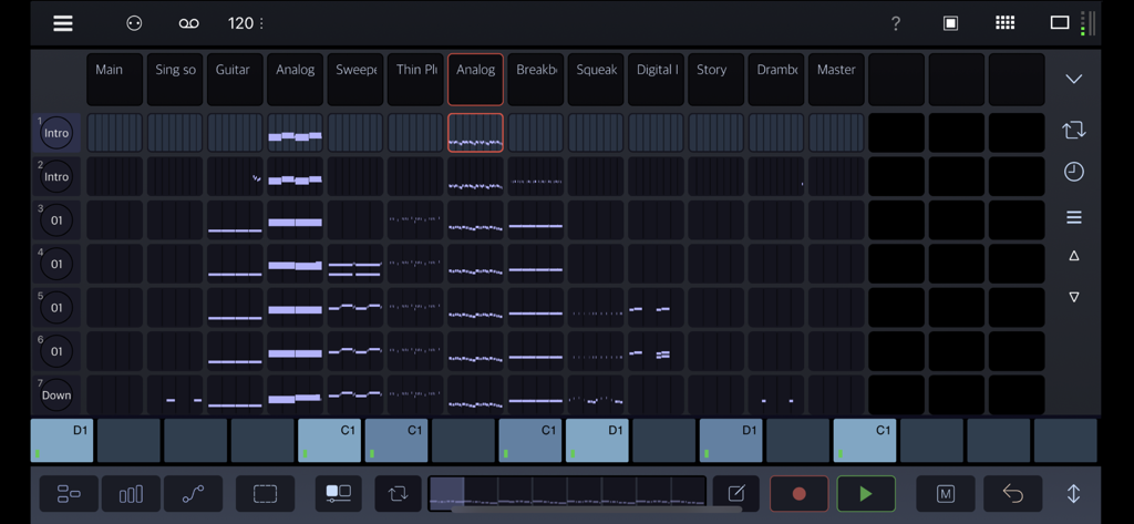 Die Clip-Launcher- und Song-Arranger-Oberfläche der Drambo-App zeigt ein Mehrspur-Gitter mit MIDI-Clips.