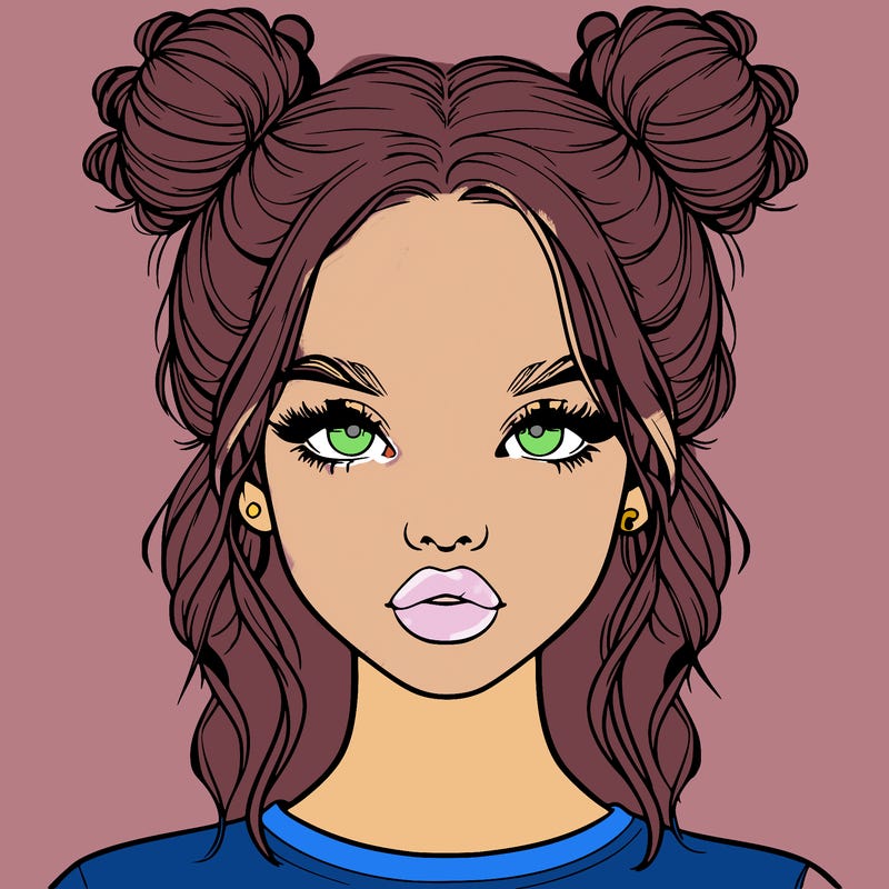 realistic girl with two buns in hair and lips