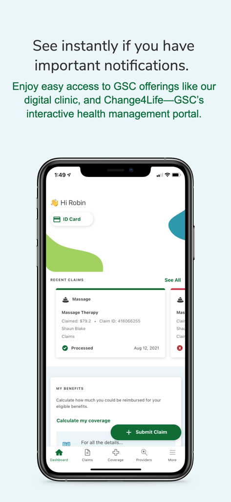 Dashboard of the Student Health Portal app showing recent claims and a digital ID card option.
