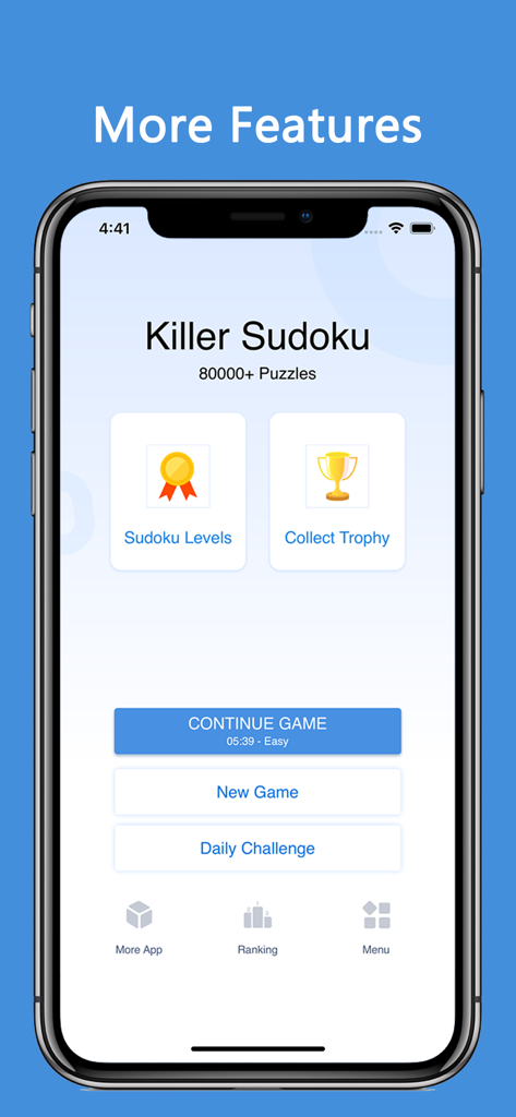 Main menu of the Killer Sudoku app showing game levels and daily challenges