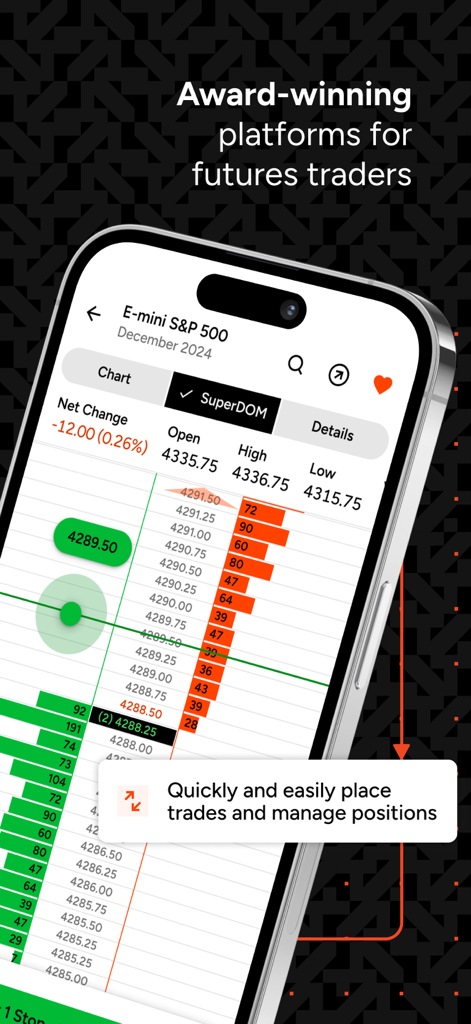 NinjaTrader | Trade Futures - Application mobile NinjaTrader affichant l'interface SuperDOM pour le trading de contrats à terme E-mini S&P 500