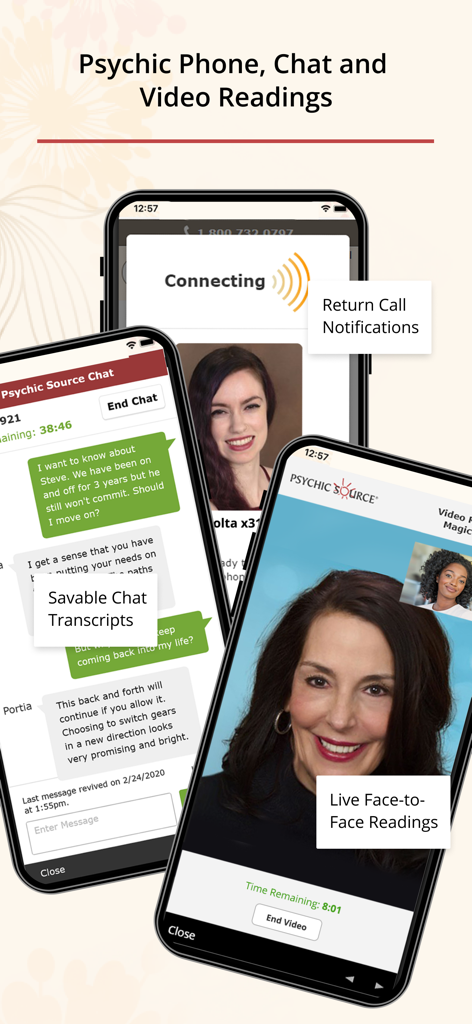 Capturas de pantalla de la interfaz de la aplicación móvil Psychic Source que muestran opciones para lecturas por teléfono, chat y video