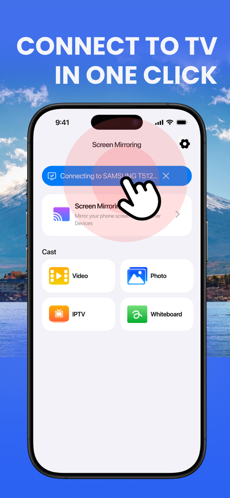 Screen Mirror-Cast to Smart TV - iPhone screen showing the app interface for connecting to a smart TV with options for video photo IPTV and whiteboard