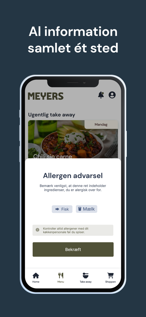 Meyers Mad - Meyers Mad mobile app showing an allergen warning notification for fish and milk ingredients on a food menu.