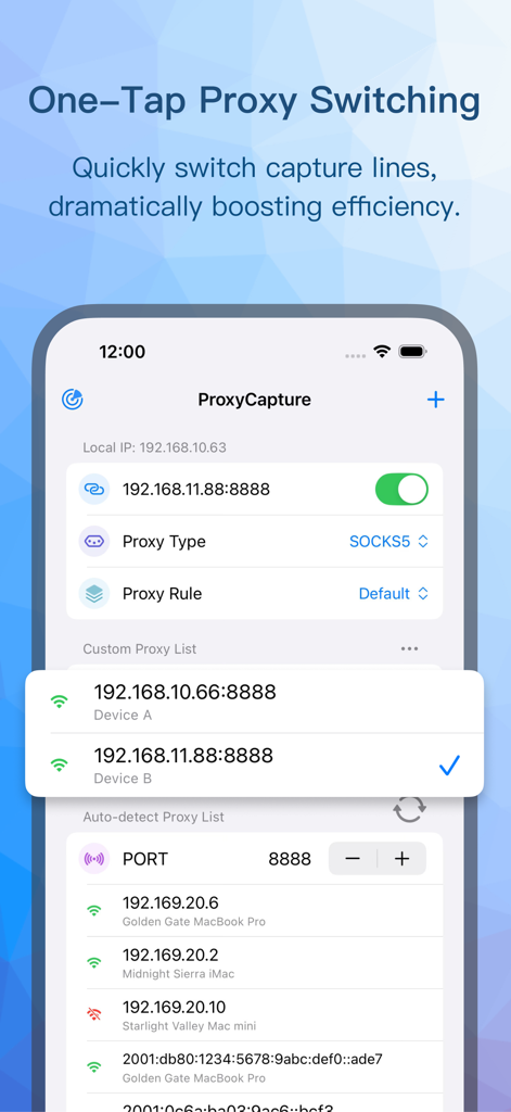 Proxy Capture - Proxy Capture mobile interface showing one-tap proxy switching and auto-detected LAN proxy list for developers