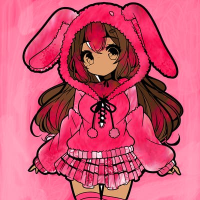 pretty anime girl wearing a fluffy hoodie with bunny ears on the hood and a skirt
