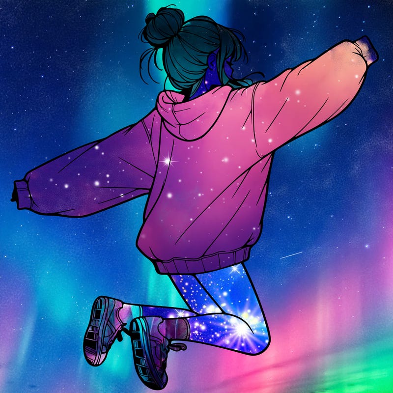 realistic girl jumping with a bun and oversized sweatshirt