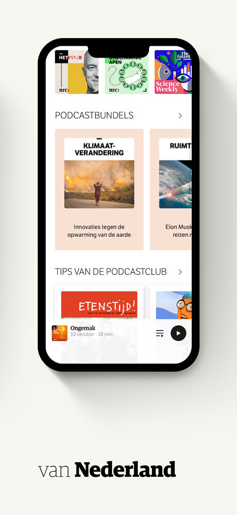 Pantalla de inicio de la aplicación NRC Audio mostrando paquetes de podcasts curados y recomendaciones