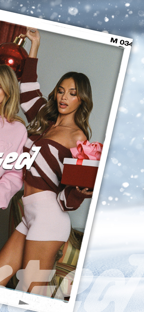 edikted - A young woman modeling Edikted holiday fashion with a gift box and snowy background