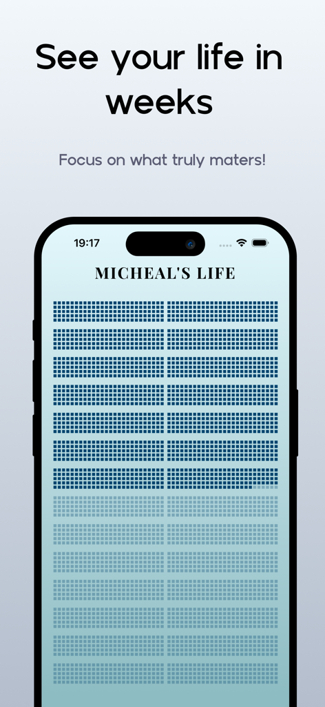 Stoic Life Calendar app displaying a grid visualization of a lifetime in weeks to help users focus on what matters