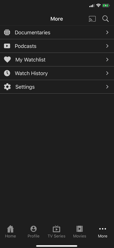 OUTtvGo - OUTtvGo app interface showing the more menu with categories for documentaries, podcasts, watchlist, history, and settings