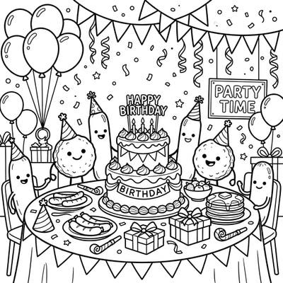 Join the cutest breakfast sausages for a vibrant birthday celebration in this fun coloring page. Grab your favorite colors and bring this festive party scene to life!