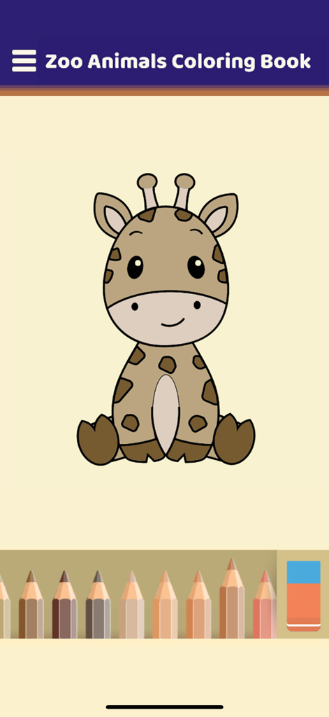 My Zoo Animals Coloring Book - Cute cartoon giraffe coloring page with digital pencils for kids.