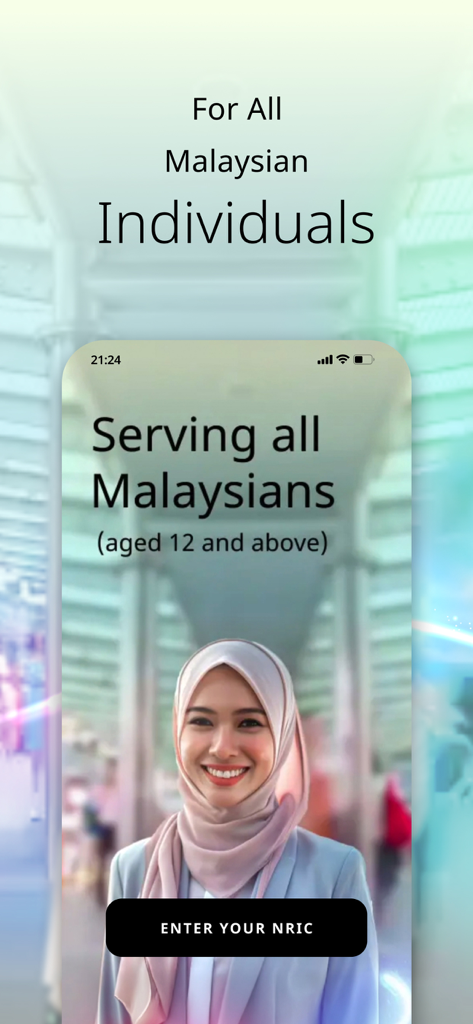 Apply@HLB - Apply@HLB mobile app screen showing account opening for Malaysian individuals aged 12 and above with a button to enter NRIC