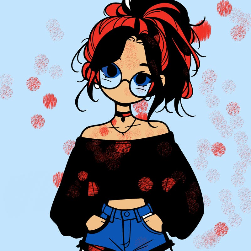 girl with a messy ponytail glasses a baggy crop top and jean shorts