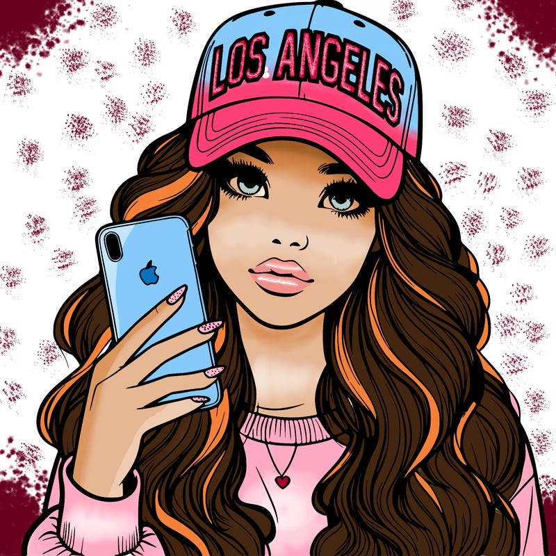 realistic beautiful girl wearing los ángeles cap holding an iphone