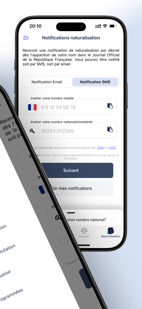 Sospréf: démarches préfecture - Pantalla de smartphone que muestra la configuración de notificación de decretos de naturalización en la aplicación Sospref.