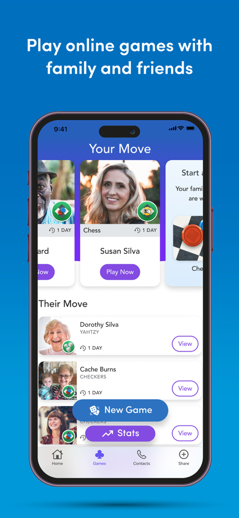 GrandPad - The GrandPad app interface showing turn based online games like Chess and Checkers to play with family and friends