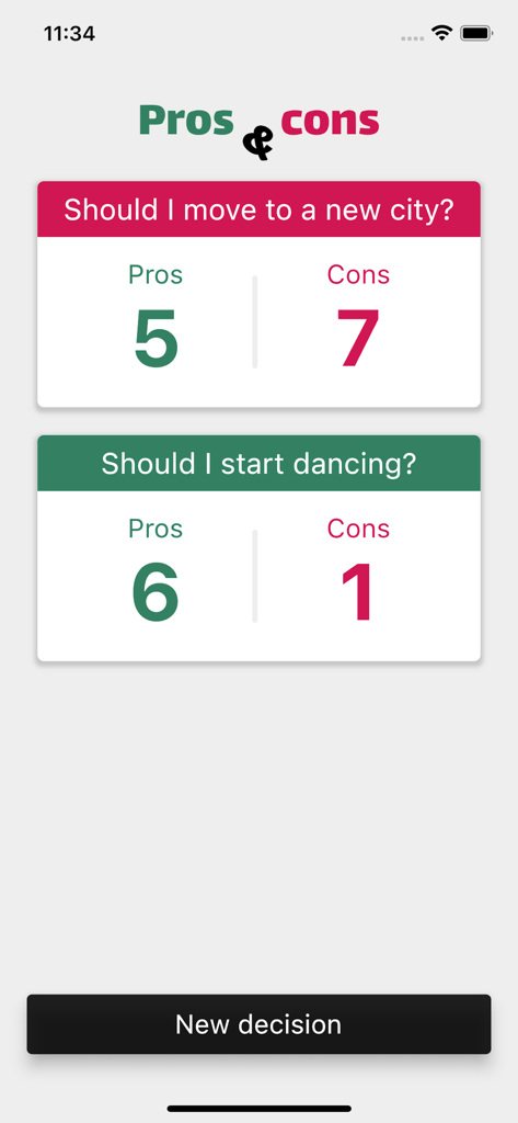 Pros & cons lists - Uma captura de tela do aplicativo Listas de Prós e Contras mostrando uma lista de decisões com suas respectivas contagens de prós e contras