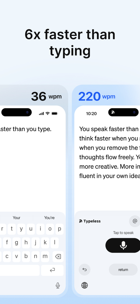 Typeless: AI Voice Keyboard - Comparación lado a lado de la escritura en móvil a 36 palabras por minuto frente a la dictado de voz IA de Typeless a 220 palabras por minuto
