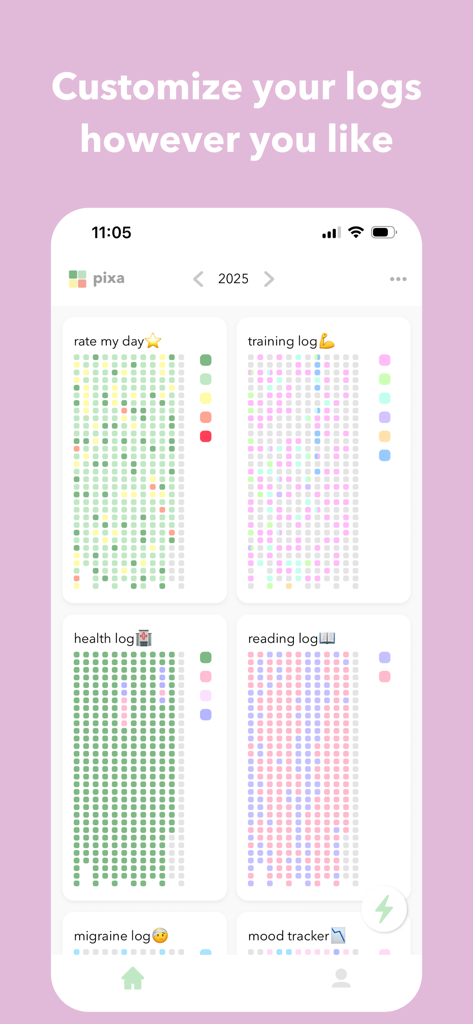 Pixa app interface showing multiple customized tracking logs as colorful pixel grids for habit and mood tracking