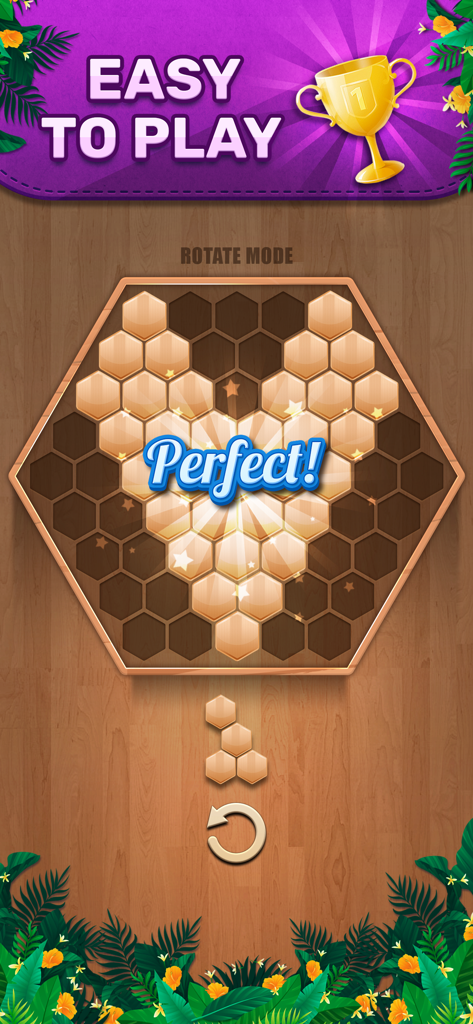 Gameplay screenshot of Wooden 100 Block Puzzle Game showing the hexagonal grid in rotate mode with a perfect score message