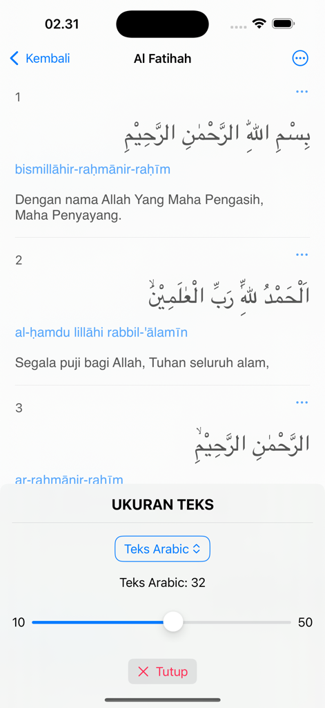 AlQuran 30 Juz Tanpa Internet - Interface of the AlQuran app showing Surah Al Fatihah with Indonesian translation and a text size adjustment slider