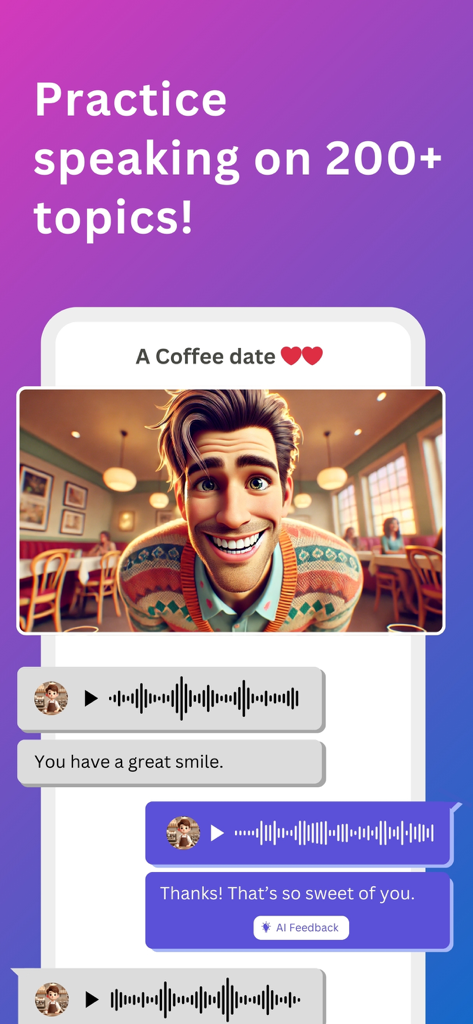 Lingopanda: Language Learning - Lingopandaアプリには、AIキャラクターとコーヒーデートのシナリオのロールプレイングダイアログが表示されています