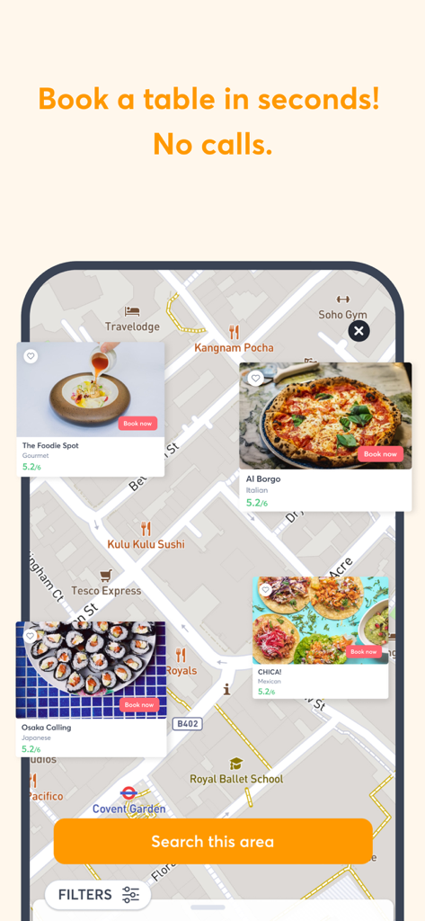 Quandoo: Restaurant Bookings - Map interface of the Quandoo app showing nearby restaurant options with photos and ratings
