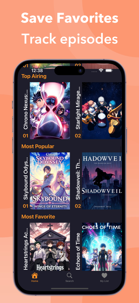 Anime Watch List: TV Episodes - The home screen of the Anime Watch List app featuring top airing and most popular anime titles.