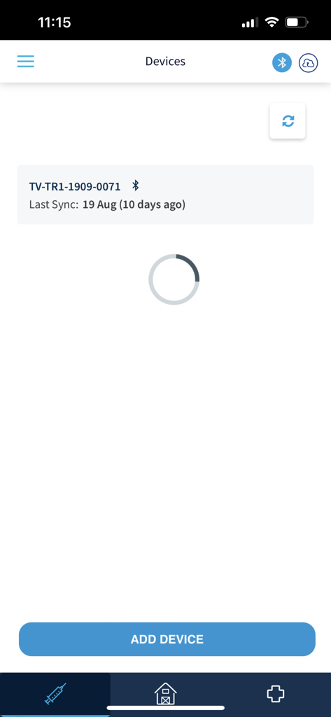 The Farm Data Manager app interface showing a list of connected Bluetooth devices with sync status and an add device button.