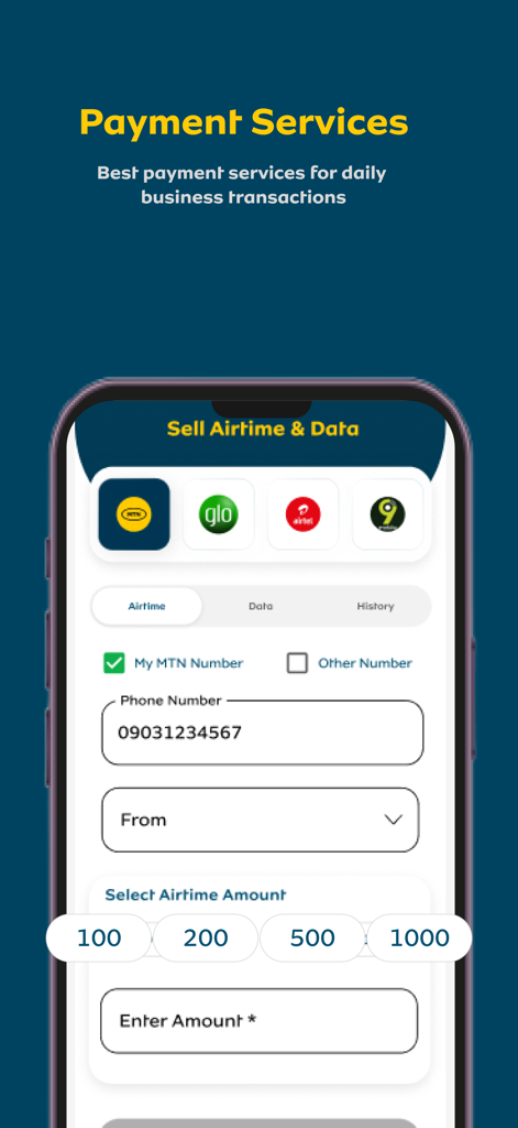 MoMo PSB Business - Pantalla de la aplicación MoMo PSB Business para vender tiempo aire y datos con los logotipos de los proveedores de telecomunicaciones nigerianos.