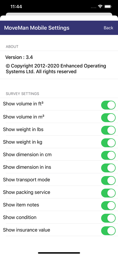 MoveMan Mobile app survey settings screen showing toggle options for measurement units and item details