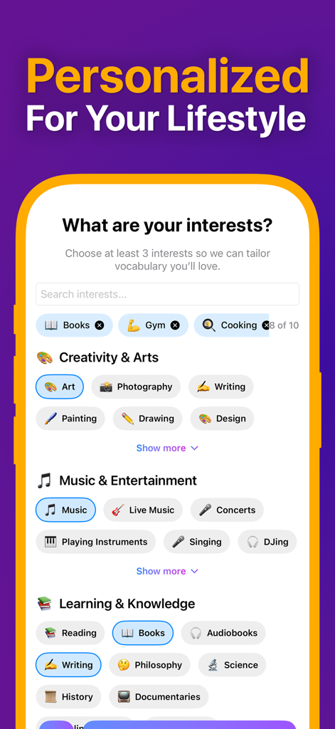 Lingo: Daily Language Learning - Interface para selecionar interesses pessoais como artes e música para personalizar o vocabulário no aplicativo Lingo