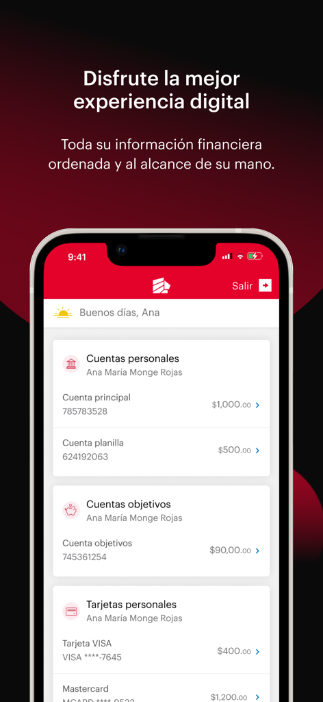 Panel de la aplicación móvil Banca Movil BAC que muestra un resumen de cuentas bancarias personales y metas de ahorro