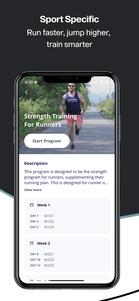 Citizen Athletics v2 - A mobile app screen for Citizen Athletics showing a sport specific strength training program for runners with a weekly workout schedule.