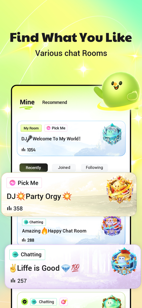 infun: Group Voice Chat Rooms - infunアプリのディスカバリー画面。様々なインタラクティブなグループボイスチャットルームが表示されています。