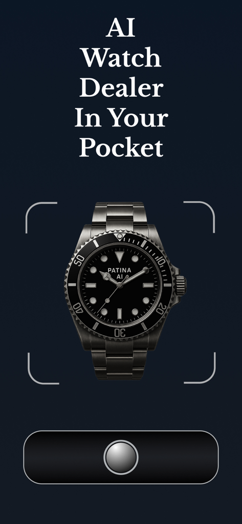 Patina AI - Watch Identifier - Interfaccia dell'app Patina AI che scansiona un orologio subacqueo di lusso per identificare dettagli di riferimento e valore di mercato