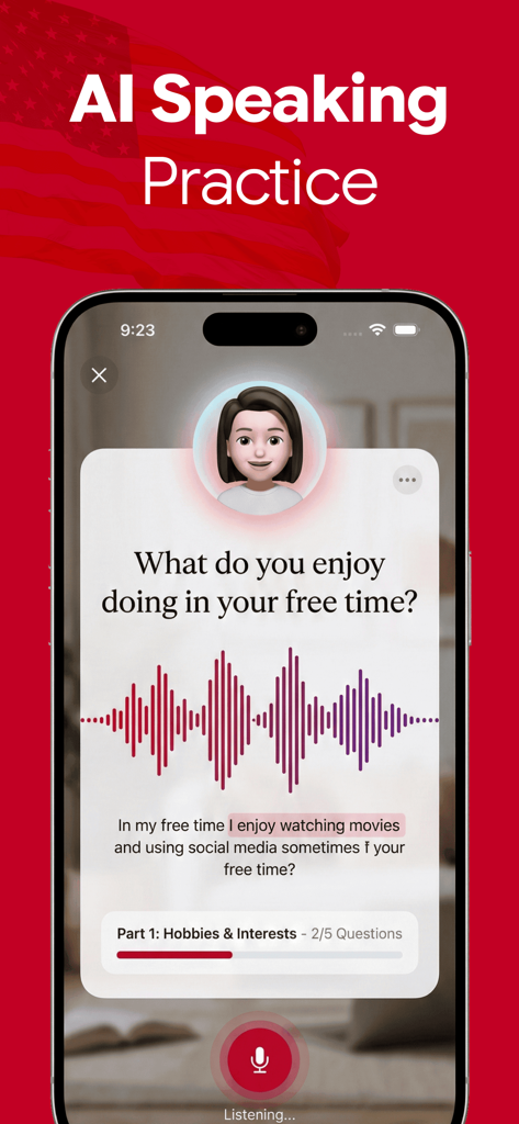 AI speaking practice screen in the IELTS Prep App showing a conversational simulation with feedback