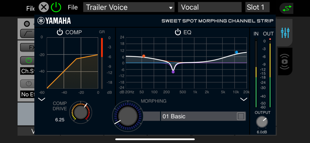 dspMixFx UR-C - Yamaha Sweet Spot Morphing Channel Strip interface in the dspMixFx UR-C app featuring compressor and equalizer controls for vocal processing