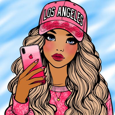 realistic beautiful girl wearing los ángeles cap holding an iphone