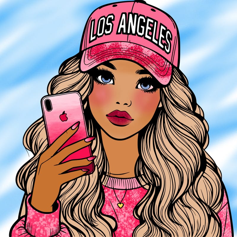 realistic beautiful girl wearing los ángeles cap holding an iphone
