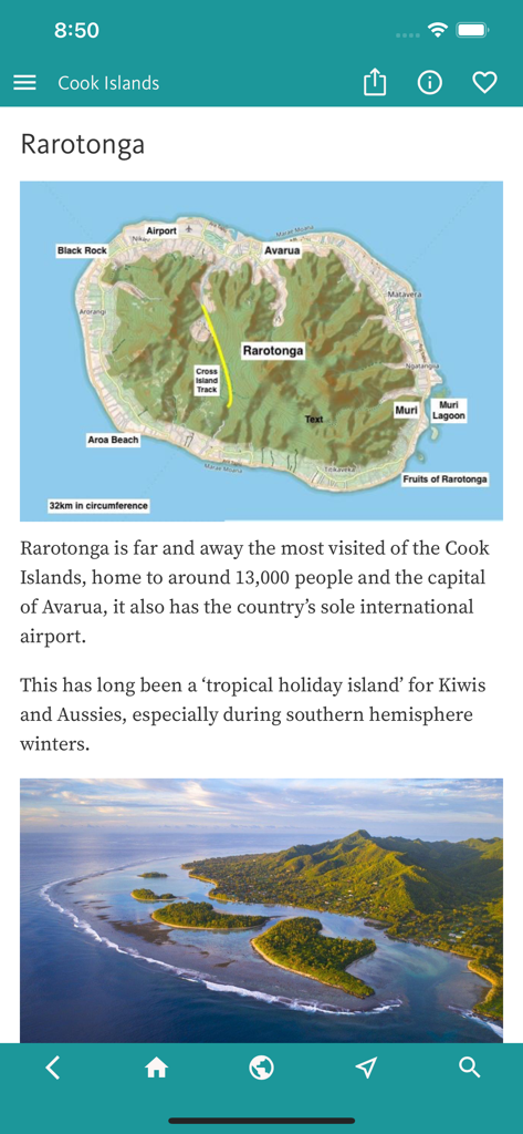 Tela do aplicativo mostrando um mapa e descrição da ilha de Rarotonga no guia de viagem Cook Islands Best.