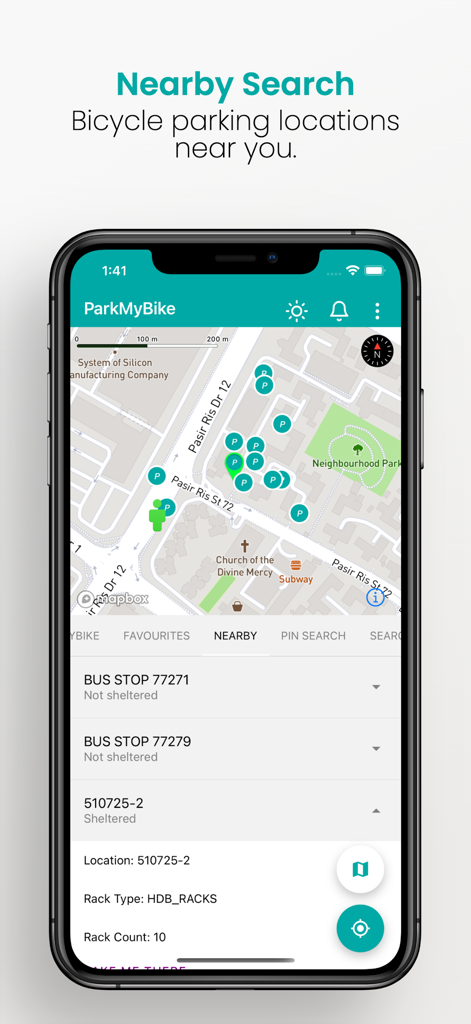 ParkMyBike app interface showing a map of nearby bicycle parking locations in Singapore with detailed rack information