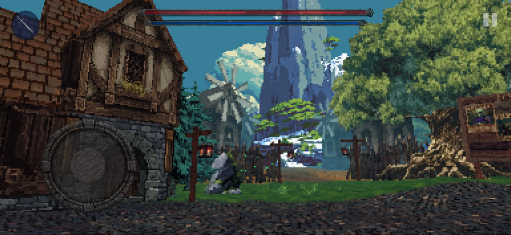 KnightBound Dark Fantasyのピクセルアートの中世の村のシーン。ゲームプレイUIと家を示しています