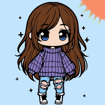 chibi girl with ripped jeans,long hair, and an oversized sweater