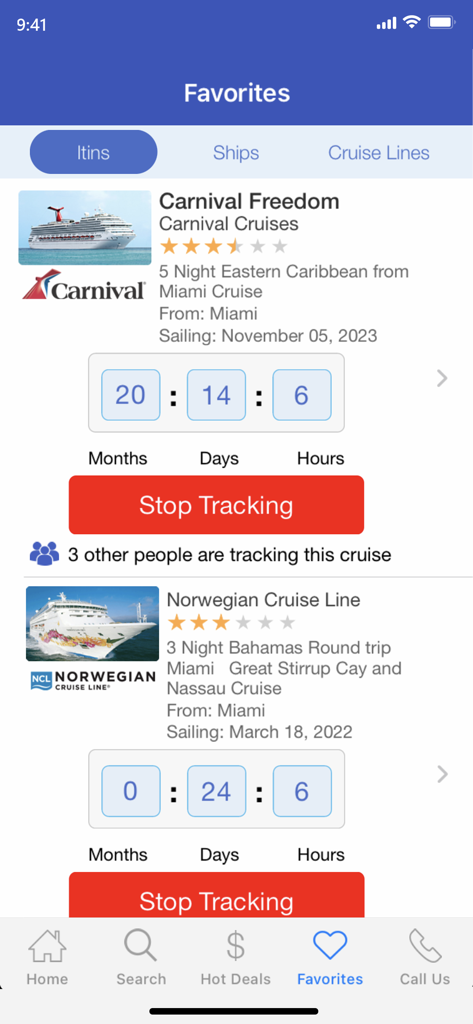 Cruise Finder by iCruise.com - Cruise Finder app Favorites screen showing tracked cruise itineraries and countdown timers
