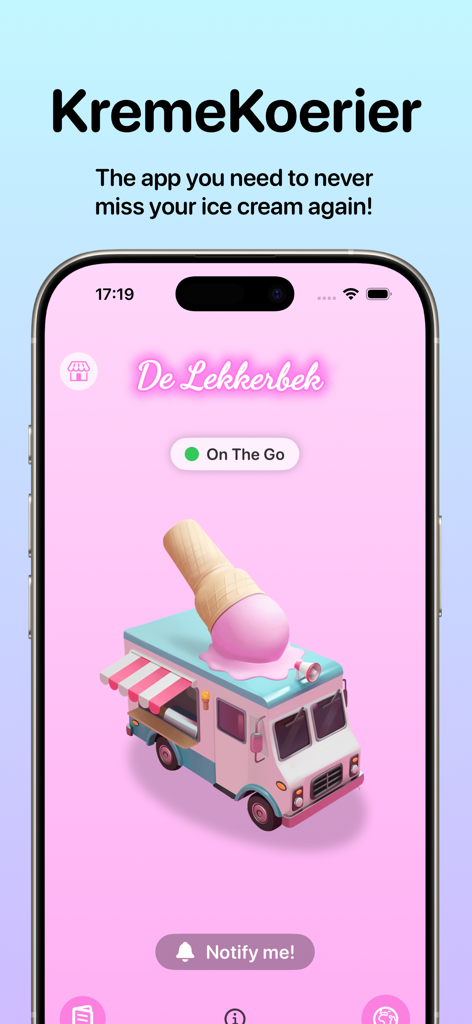 KremeKoerier - KremeKoerier mobile app interface showing a 3D ice cream truck with the real time status on the go