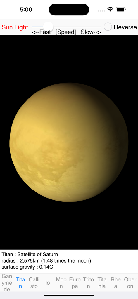 Satellite Rotation - 3D visualization of Saturns moon Titan with radius and gravity data in the Satellite Rotation app